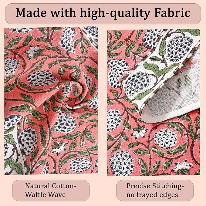 Ridhi Dark Salmon Pink Hand Block Print Waffle Kitchen Towel Set of 3-16 x28 Ultra Absorbent Quick Dry 100% Cotton Dish Towels Lightweight Reusable Sustainable Tea Towels for Cleaning and Drying