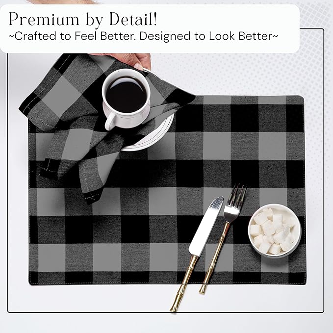 Buffalo Plaid Cloth Napkins, Set of 4, Soft, Durable, Table Fabric Napkins, Check Napkins for Dinner, Wedding, Restaurant, Buffet, Party, Halloween - Light Grey, Black White (16"x16")