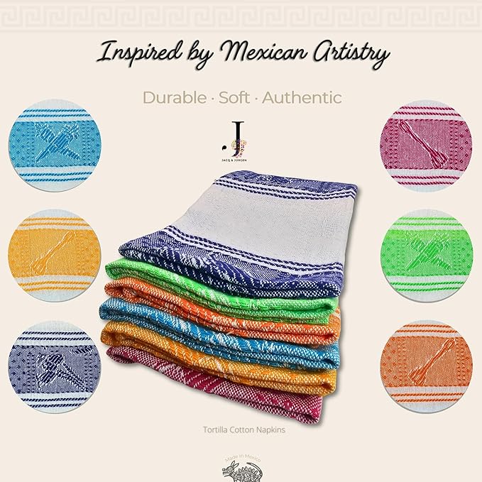 Jacq & Jürgen – Set of 6 Multicolor Cotton Cloth Napkins – 22"x18" – Dinner Table Linens or Tortilla Warmer Cloths - 100% Cotton - Premium Materials (6MexicanKitchenWhite)