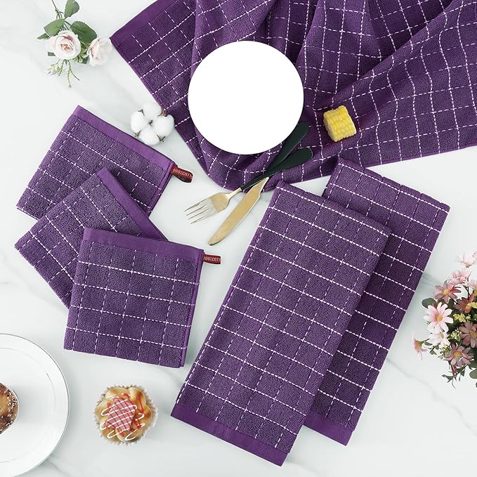 Homaxy Kitchen Towels and Dishcloths Set, 12 x 12 and 13 x 28 Inches, Set of 10 Bulk Cotton Terry Kitchen Towels Set, Checkered Designed, Soft and Super Absorbent Dish Towels, Purple