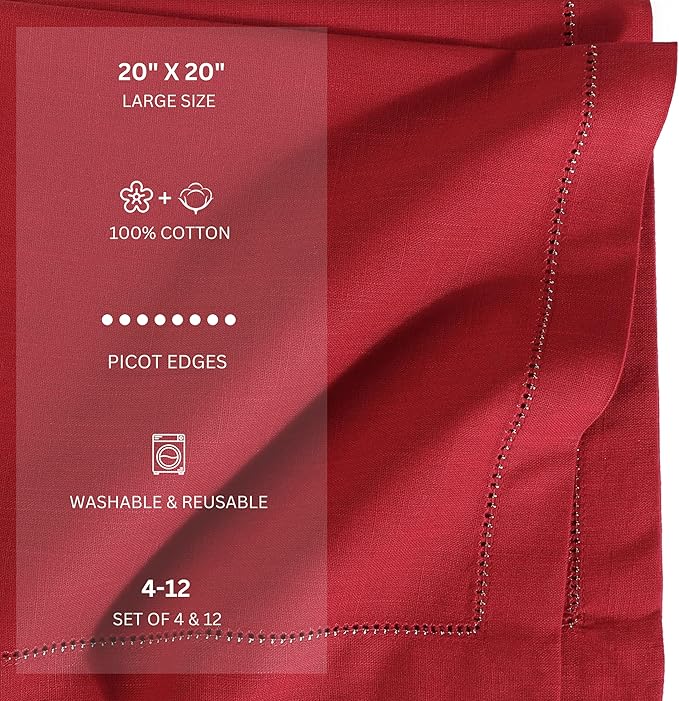 FINGERCRAFT Cloth Napkins, Hemstitch Napkins Cloth, 20x20 Inch Generous Golden Zari Picot Hem, Mitered Corner, Premium Quality Perfect for Parties Dinners Weddings Set of 12 Christmas Color Tango Red