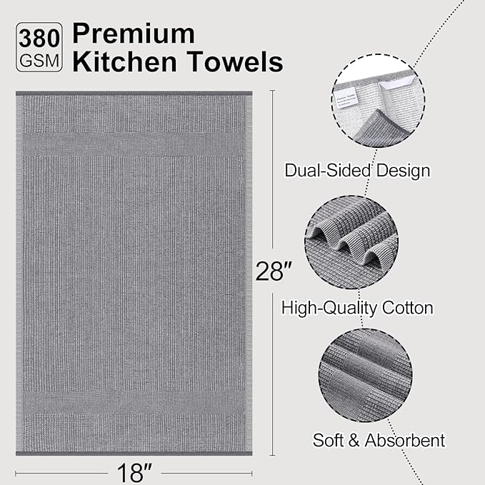 Mordimy Premium Kitchen Towels 6 Pack (18 x 28 Inches, Grey), Large Cotton Kitchen Hand Towel, Flat & Terry Dish Towels for Drying Dishes, Super Absorbent Tea Dishtowels Set with Hanging Loop