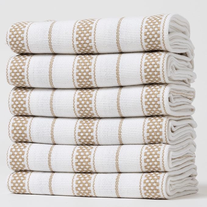 Kitchen Towels Set – Pack of 6 (20’’ x 30’’) Extra Large Premium Cotton Dish Towels for Kitchen – Chain Stripe Towels – Absorbent – 100% Cotton – with Hanging Loop – Beige