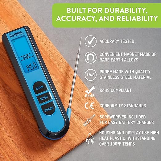 Taylor TruTemp Dual Instant Read Infrared Meat and Food Thermometer, Digital for Cooking, IPX5 Splash Proof Design, Plus Meat Probe for BBQ, Kitchen, Smoker, and Grilling, Blue