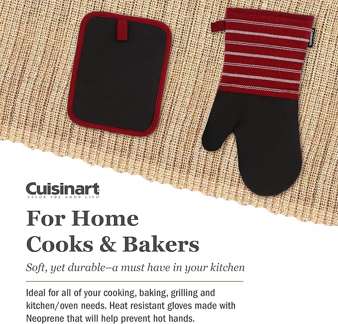 Cuisinart Neoprene Oven Mitts and Potholder Set-Heat Resistant Oven Gloves to Protect Hands and Surfaces with Non-Slip Grip, Hanging Loop-Ideal for Handling Hot Cookware Items, Twill Stripe Red Dahlia