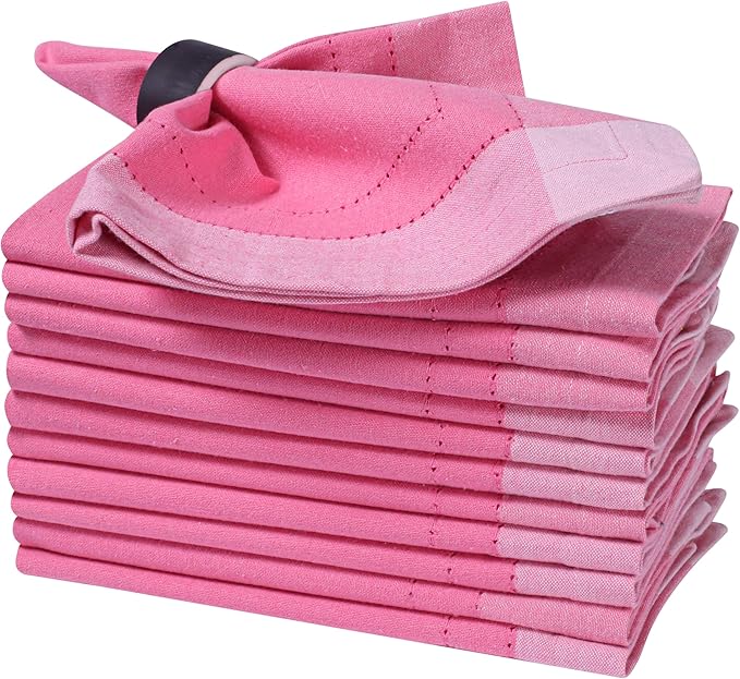 HOMIDATE Cotton Cloth Dinner Napkins Set of 12 – 20x20 Pink Multi Double Hemstitched – Machine Washable Fabric Napkins for Weddings, Parties & Dining Tables