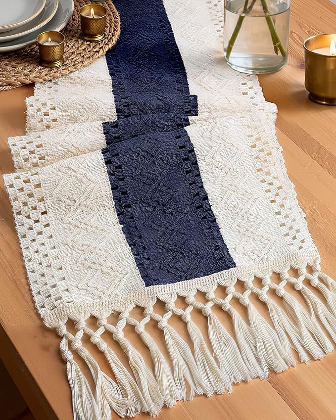 Pureegg Farmhouse Boho Table Runner - 72 Inches, Linen-Textured Woven Tassel Design for Dining Table Decor, Kitchen, Coffee Table & Living Room, 12 x 72 Inch, Blue