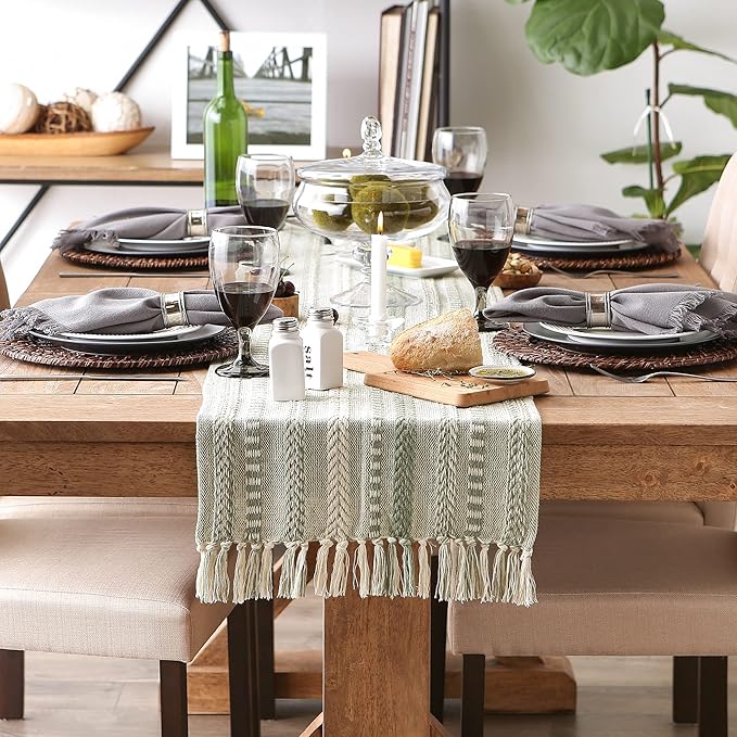 DII Farmhouse Braided Stripe Table Runner Collection, 15x72 (15x77, Fringe Included), Artichoke Green