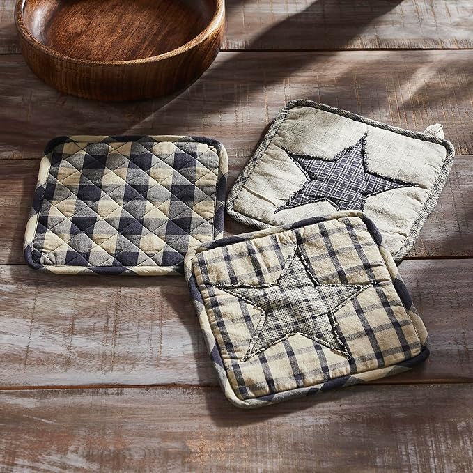 VHC Brands Cotton Pot Holder Set of 2, Heat Resistant, Kitchen Potholders, My Country Collection, Square 8x8, Navy