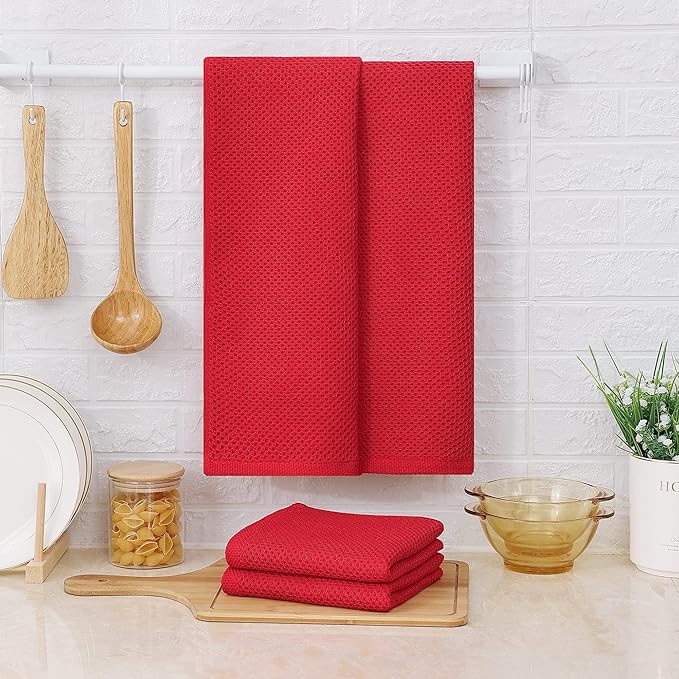 Kitinjoy 100% Cotton Waffle Weave Kitchen Hand Towels (13 x 28 Inches, Red), 4-Pack Super Soft and Absorbent Dish Towels for Drying Dishes