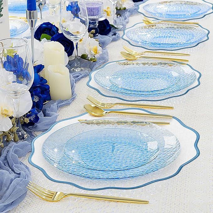 Set of 6 Scallop Linen Placemats, 15 Inch Blue and White Round Placemats Cotton Linen Table Mats Handcrafted Machine Washable Wrinkle Free Dining Placemat for Hotel Restaurant Kitchen