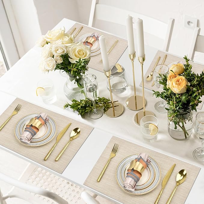 SLKQG Beige Placemats Set of 8 - Easy Clean Washable Vinyl Placemats - Wipeable Heat Resistant Table Mats for Dining Table - 17.7x11.8 Inch (8, Beige)