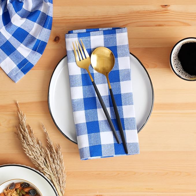 Cloth Napkins Set of 12, 100% Cotton Dinner Napkins 18x18 Inch, Soft Absorbent Gingham Check Napkin for Restaurant, Table Décor, Reusable Washable for Everyday Use - Blue/White