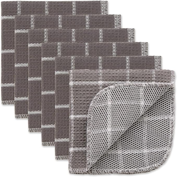 DII Scrubber Dishcloths Collection Windowpane Dishrag Set, 12x12, Gray/White, 6 Piece
