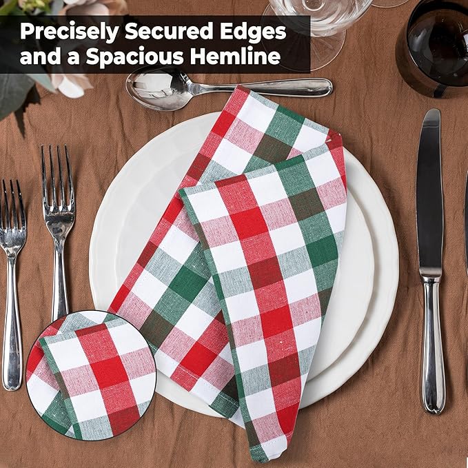 Urban Villa Cotton Dinner Napkins Set of 6, Highly Absorbent 20x20 Inches Premium Cloth Napkins Hotel Quality Reusable & Washable Table Dinner Napkins for Home & Weddings - Red/Green/White, Checks