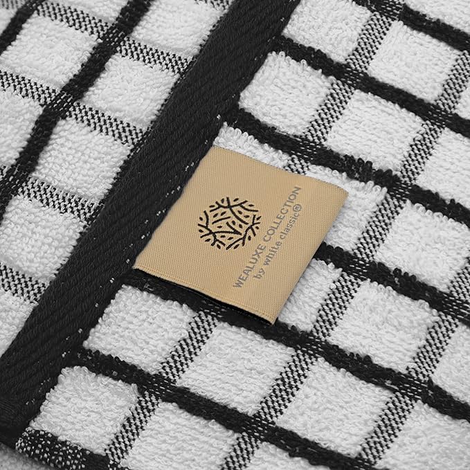 White Classic Premium Dish Towels for Kitchen, with Hanging Loop [8 Pack] Heavy Duty Absorbent 100% Cotton 410 GSM Terry Kitchen Towels, 16x26 (Black)