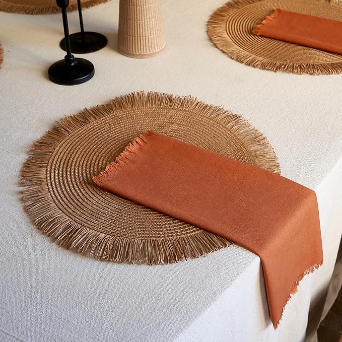 Decorative Boho Table Placemats Set of 6 with Matching Linen-Textured Napkins - Beautiful Natural Decor Elevates Your Dining Room or Kitchen Setting - Easy to Style & Mix with Linen Inspired Material