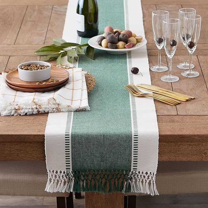 DII Dobby Stripe Woven Table Runner, 13x72 (13x77.5, Fringe Included), Dark Green