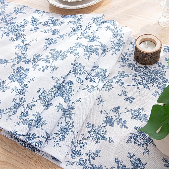 Blue Floral Runner for Table - 14 x 48 Inch - French Country Vintage Linen Table Runners 48 Inches Long for Holiday Kitchen Dining Wedding Home Party Decoraion,Vintage Floral