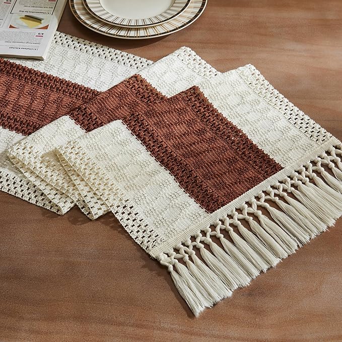 ZeeMart Macrame Style Bicolor Stitching Table Runner, 14 x 60 Inch Terracota/Ivory, Boho Rust Table Runners 60 Inches Long, Farmhouse Woven Home Decor