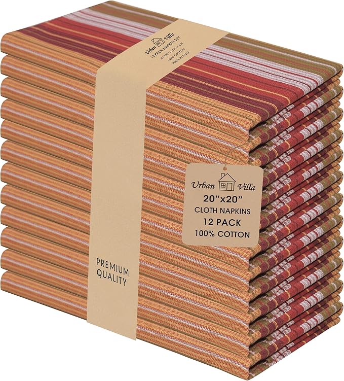 Urban Villa Cloth Napkins Set of 12 (20x20) 100% Cotton Dinner Napkins Cloth Washable Durable Reusable Absorbent Napkins Ideal for Farmhouse Party Hotel Lunch Restaurant Dinner Napkins - Fall Stripes