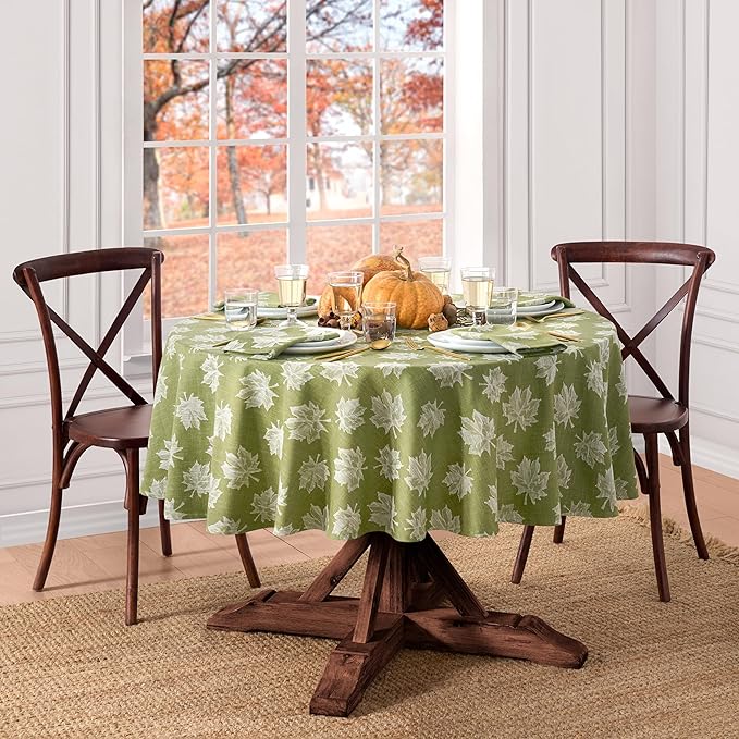 Elrene Home Fashions Falling Leaves Jacquard Harvest/Thanksgiving Cotton Tablecloth, 60"x84" Oval, Green