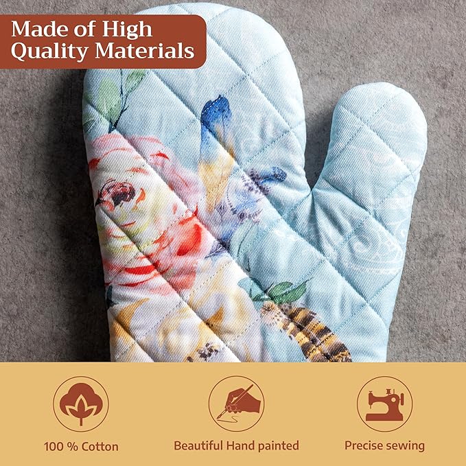 Maison d'Hermine Oven Gloves 100% Cotton Oven Mitt 7" x 13" with Loop Heat Resistant BBQ Cooking Gloves Baking Grilling Gifts for Mothers Day Spring/Summer (Pack of 1, Ibiza - Blue)
