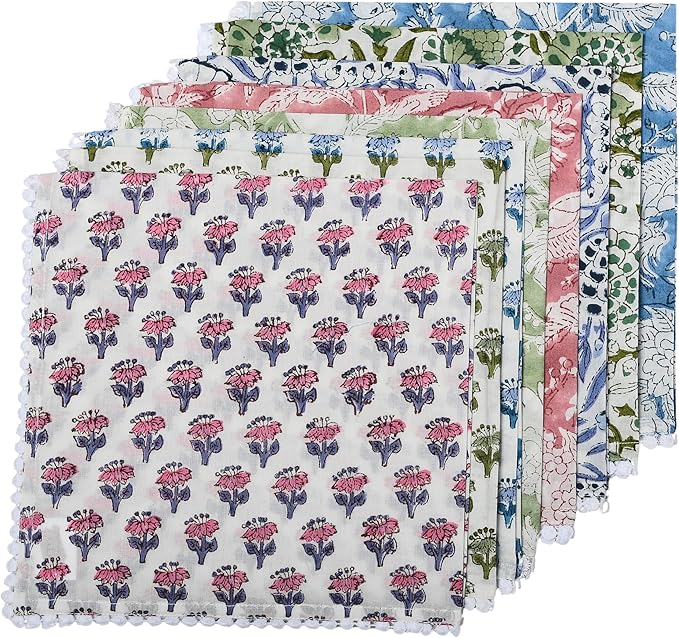 CPC Cloth Napkins 100% Cotton Set of 4 Reusable Napkins, Indian Block Print Toile Floral Dinner Napkin, Fall Thanksgiving Christmas Holiday Party Gift - Soft Absorbent Napkin, 18"x18" Mix Pom Pom