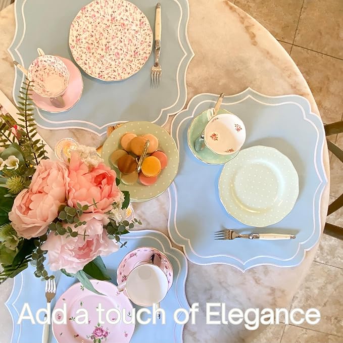 Cotton Linen Placemats Set of 4 - Double Layered, Machine Washable, Scalloped & Embroidered Cloth Table Mats - Wedding, Spring, Summer Mat, 19 x 17 inch, Light Blue