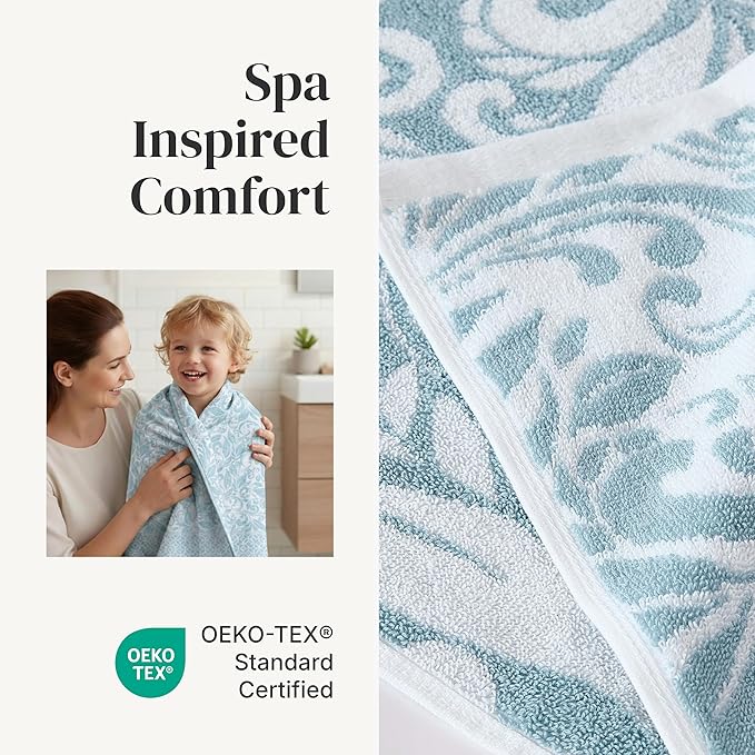 Modern Threads Botanical Vine 6-Piece 100% Cotton Towel Set – Reversible Yarn Dyed Jacquard – Includes 2 Bath Towels, 2 Hand Towels, 2 Washcloths – Absorbent, Quick Dry, Soft & Durable – Blue