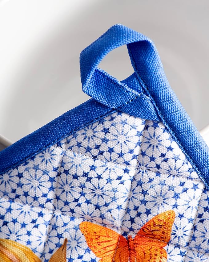 Maison d' Hermine Pot Holders 100% Cotton Heat Resistant Potholders 8" x 8" Hot Pads with Loop BBQ Cooking Baking Gifts for Mothers Day Handling Hot Pans Spring/Summer (Pack of 2, Passiflora)