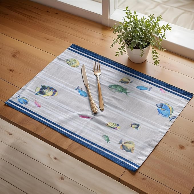 Maison d' Hermine Placemats Set of 4 100% Cotton Washable Cloth Place Mats Reusable Table Mats for Kitchen Dining Party Wedding Gifts for Mothers Day Spring/Summer (Poisson, 13" x 19")
