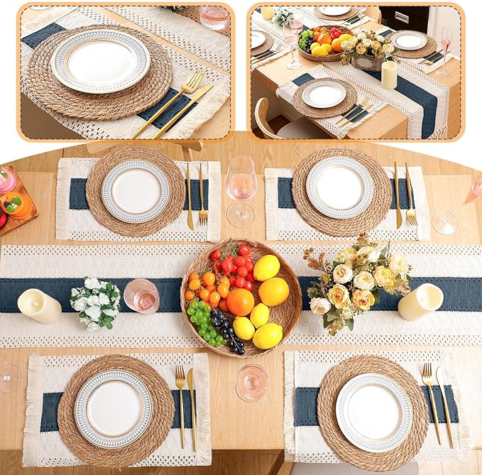 Boho Placemats 4/6/8 Set of Round Woven Placemat Macrame Style Bicolor Stitching Long Table Runner Farmhouse Rustic Natural Burlap Cotton for Kitchen Dining Table(4 Sets,Blue,12x72)