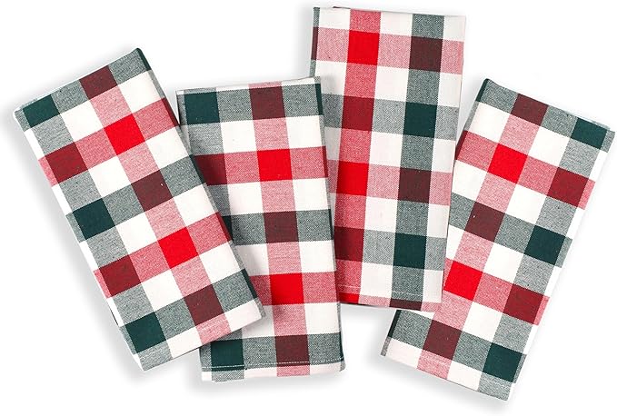 Native Fab Cloth Napkins - Multi Color Check Set of 4, 100% Cotton, 16x16 inch, Soft & Durable, Machine Washable, Reusable Napkins, Holiday Gingham Design for Dining, Party - Red, White, Olive Green