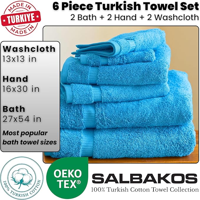 SALBAKOS 100% Turkish Cotton 6-Piece Towel Set | Heirloom Quality Hotel & Spa Collection | Soft, Super Absorbent 2 Washcloth, 2 Hand, 2 Bath Towel Sets | Made in Turkey (Aqua, 6 Piece Towel Set)