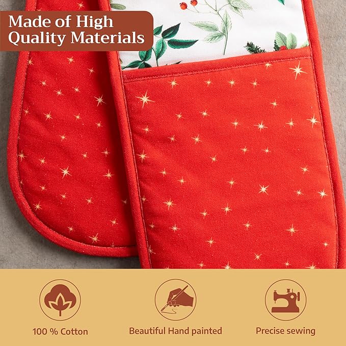 Maison d' Hermine Double Oven Mitt (7" x 35") 100% Cotton Heat Resistant BBQ Cooking Gloves with Loop for Thanksgiving Christmas Decorations Baking Cooking Barbeque Handling Hot Pan (Noel)