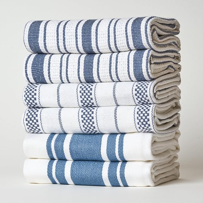 Kitchen Towels Set – Pack of 6 (20’’ x 30’’) Extra Large Premium Cotton Dish Towels for Kitchen – Absorbent – 100% Cotton – with Hanging Loop – Blue Grey Multi Design Striped