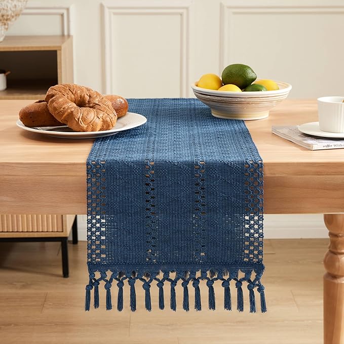 ZeeMart Macrame Style Boho Table Runner, Blue Table Runners 108 Inches Long, Farmhouse Woven Home Decor, 12x108 Inch, Dusty Blue