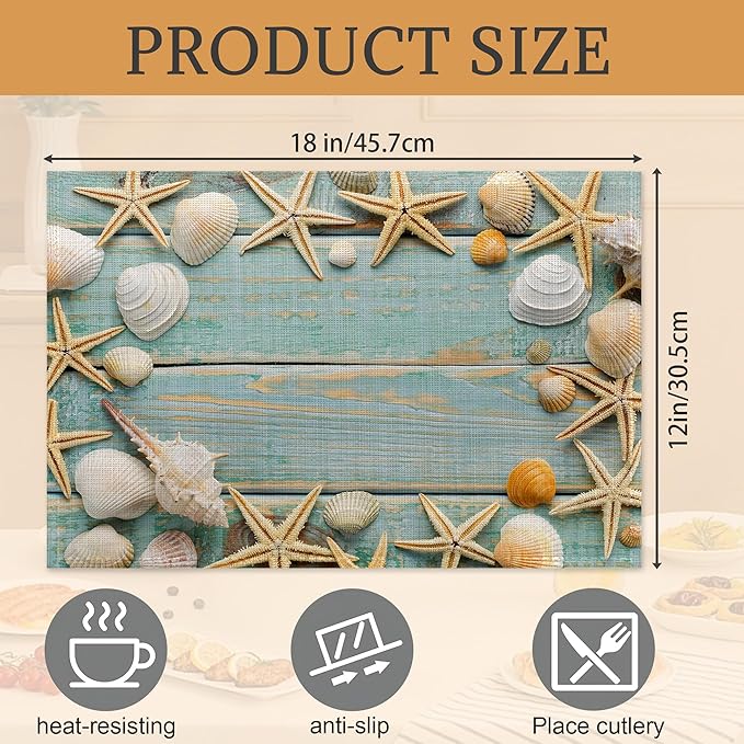 Beach Starfish Placemats Set of 6,Washable Heat Resistant 12×18 Inch Linen Table Mats Coastal Place Mats for Party Outdoor Dining Décor