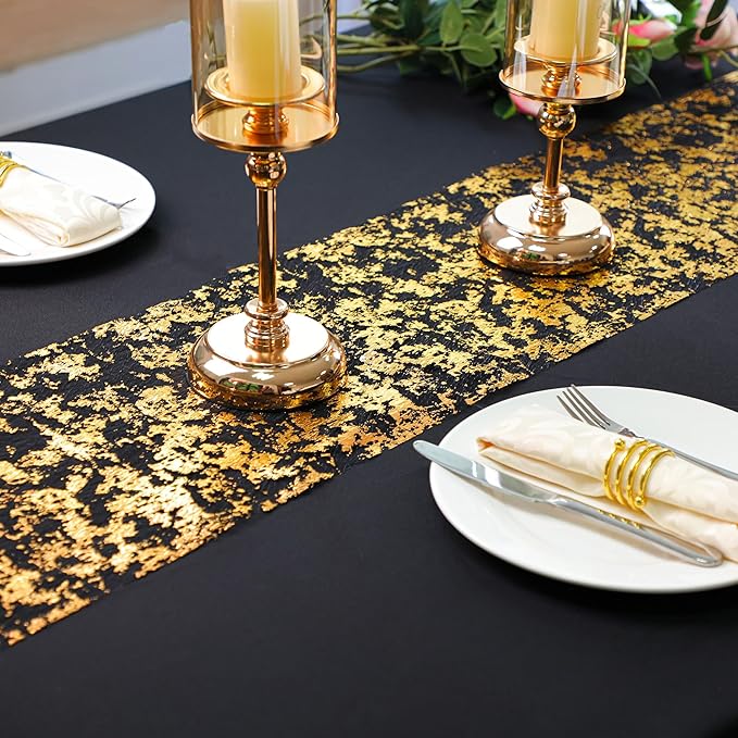 Snowkingdom Black and Gold Table Runner 49 Feet 588 inches Golden Metallic Centerpieces Foil Runners Party Decorations Glitter for Birthday Shower Wedding Retirement Christmas Thanksgiving Graduation