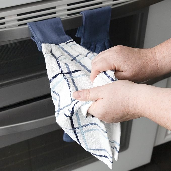 Ritz Premium 100% Cotton Solid and Multi Check Kitchen Tie Towel Absorbent, Super Soft, and Fast Drying Hang Towel, Set of Three, Federal Blue