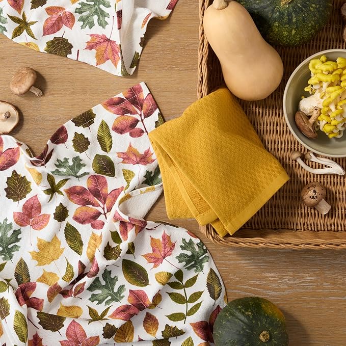 Martha Stewart Autumn Harvest Falling Leaves Kitchen Towel 3-Pack Set, 100% Cotton with Absorbent Terrycloth, Decorative Kitchen Towels, Tan/Red/Green, 16"x28"
