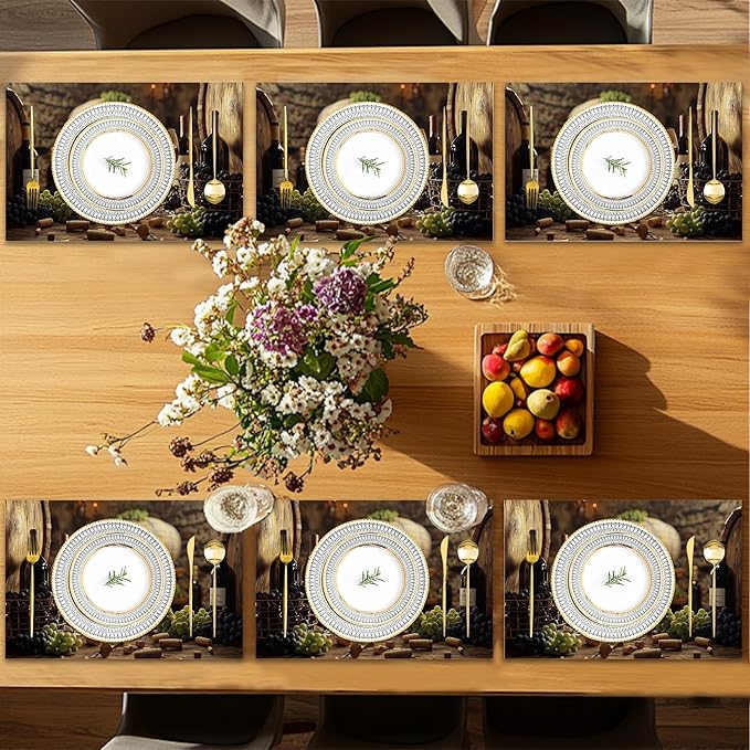 Red Wine Placemats Set of 6,Grape Wood Placemats Washable Kitchen Dining Linen Table Mats Stain Heat-Resistant for Home Party Indoor 12x18 inch