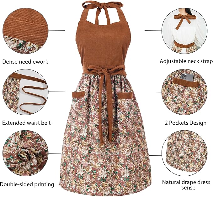 Cute Floral Aprons for Women with Pockets,Cotton Adjustable Neck Strap Apron for Kitchen Cooking Baking Gardening