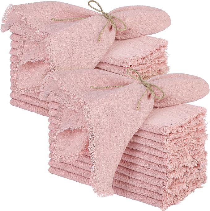TURSTIN 24 Pieces Cotton Linen Cloth Napkin Handmade Cloth Napkin with Fringe 17 x 17 Inch Soft Cloth Dinner Wedding Napkin Square Rustic Fringe Table Napkin for Dinners, Parties, Weddings, Dusty Pink