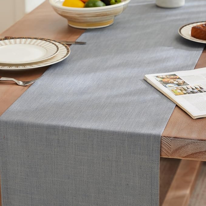 ZeeMart Rustic Cotton Linen Table Runner, 13x108 Inches Blue Ashes, Farmhouse Style Blue Grey Table Runners 108 Inches Long, Washable Kitchen Dining Table Decoration for Home Party Decor