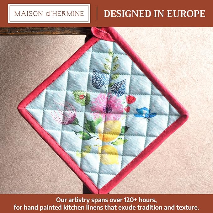 Maison d' Hermine Pot Holders 100% Cotton Heat Resistant Potholders 8" x 8" Hot Pads with Loop BBQ Baking Gifts for Mothers Day Handling Hot Pans Spring/Summer (Pack of 1, Jardin D'Ete - Mint)