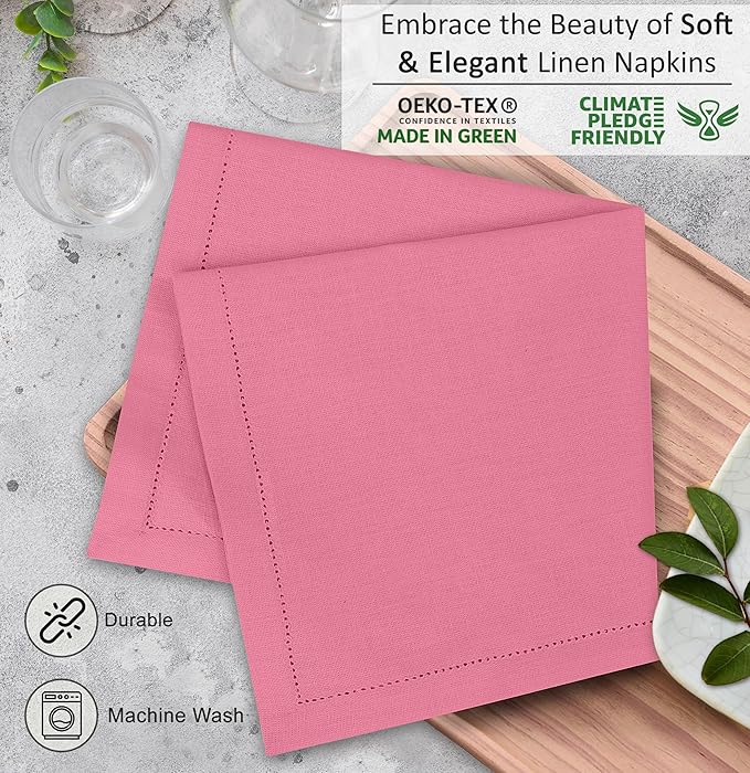Ruvanti Premium Linen Napkins Set of 12-20x20 Inch, Classic Hemstitch, Mitered Corner Cloth Napkins ‎‎- Soft, Elegant Dinner Napkins Cloth Washable for Weddings, Parties, Everyday Use - Pink
