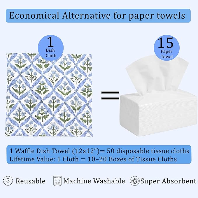 Ridhi Light Steel Blue Hand Block Print Cotton Waffle Dish Cloth Set of 12-12x12 Inch Super Absorbent, Soft, Reusable Kitchen Towels for Dish Drying Cleaning, Ideal for for Spring, Easter, Valentine