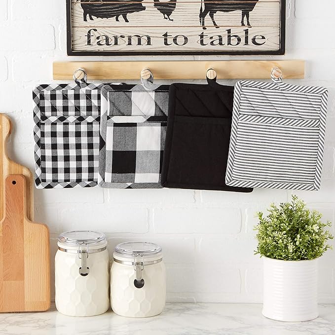 DII Gingham Check Kitchen Collection, Black, Potholder Set